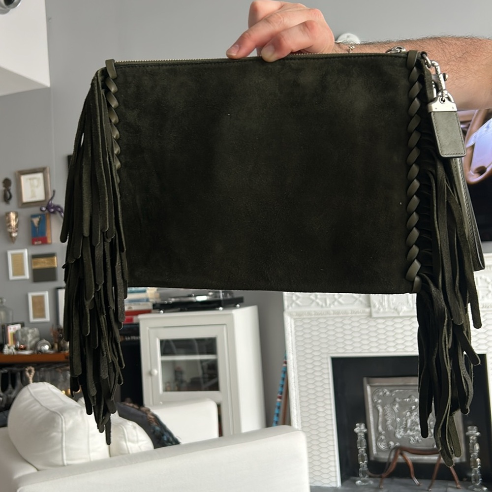 Coach Olive Green Suede Fringe Wristlet Clutch - Picture 2 of 12